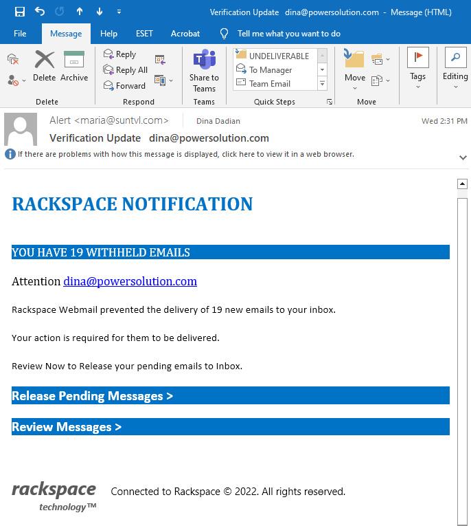 Phishing Example - Rackspace Alert